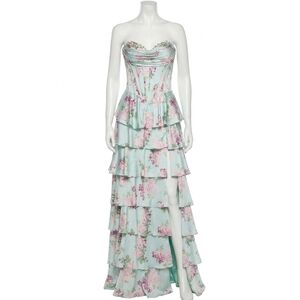 NEW JOVANI strapless tiered floral gown with slit in mint multi